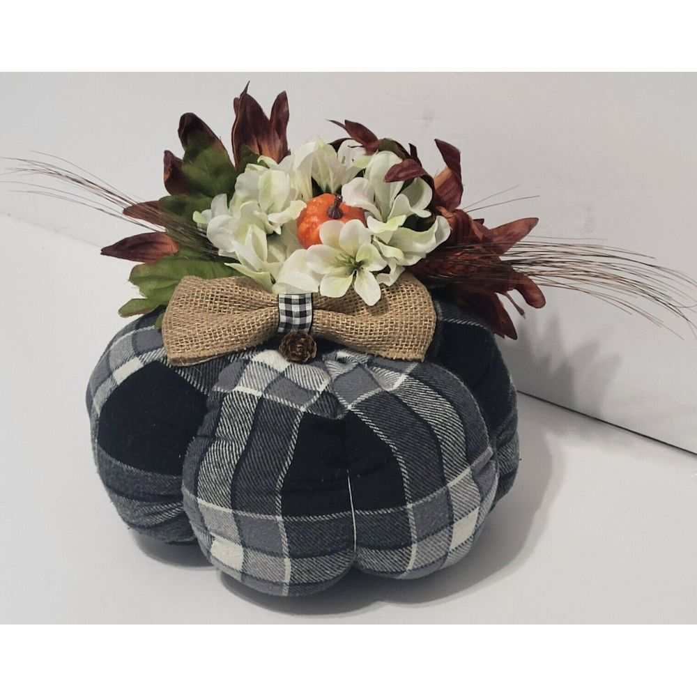 Black White Plaid Fabric Pumpkin Fall Floral Arrangements Centerpiece Decor